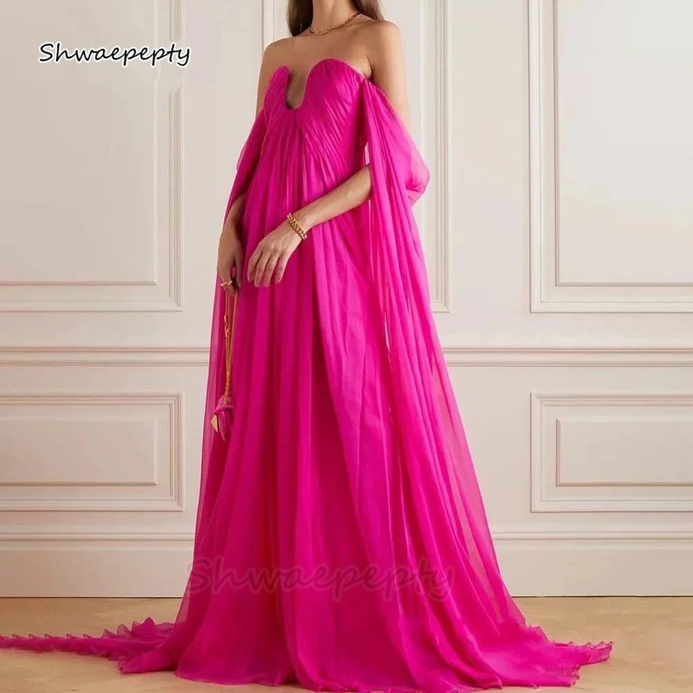 Elegante abito da sera in chiffon fucsia con design a spalle scoperte per donna 2024 Abito da spettacolo personalizzato con scollo a cuore