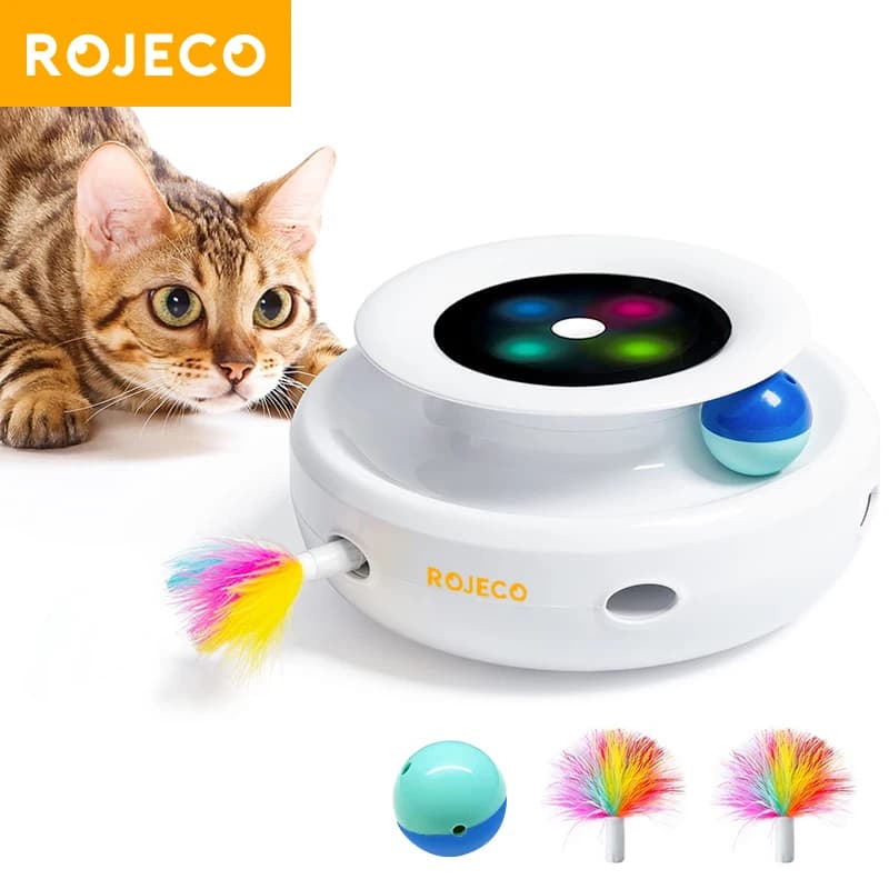 ROJECO 2 in 1 giocattoli elettronici interattivi per animali domestici palla rotante intelligente per gatti giocattoli per gatti ricaricabili con piume Duster con sostituzione