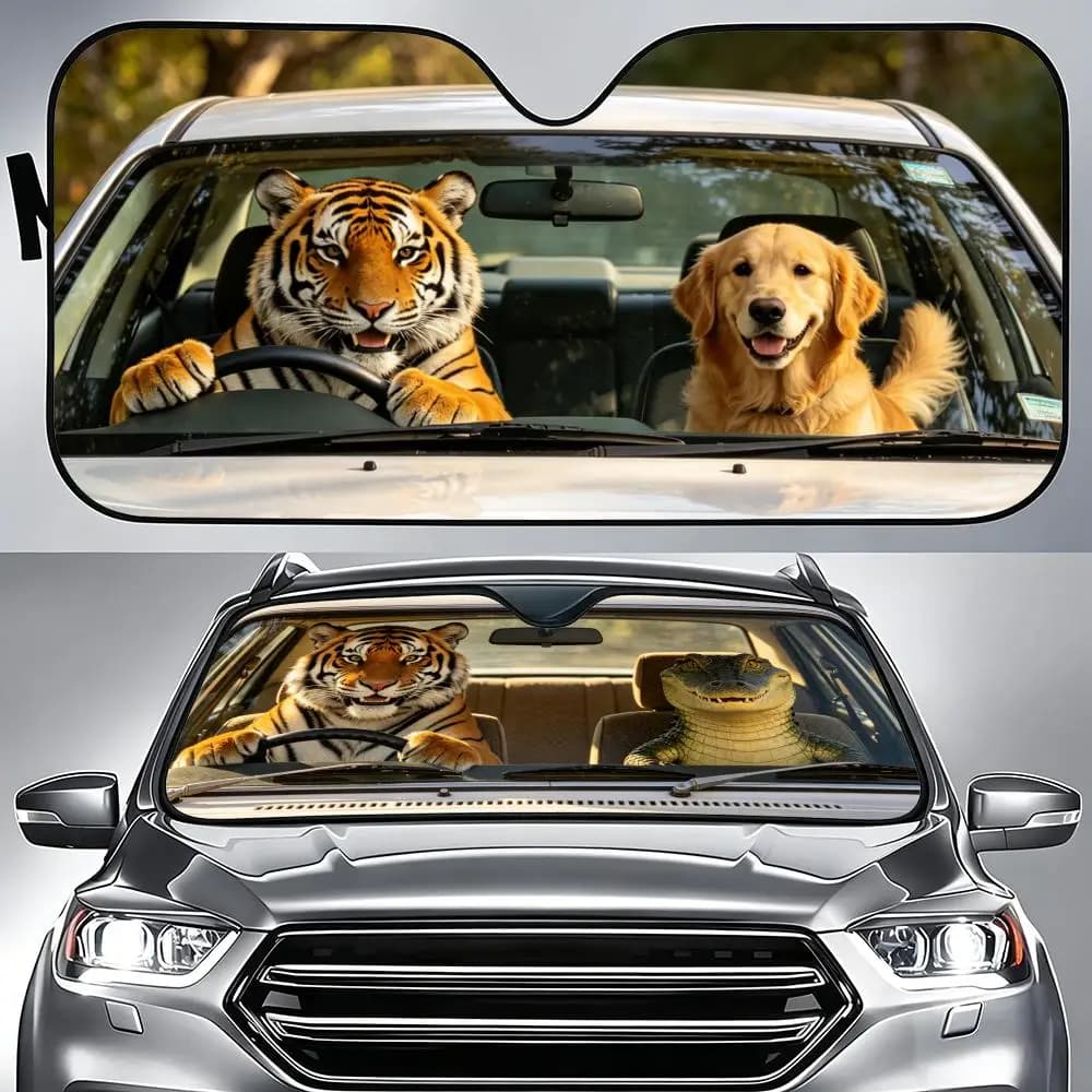 Parasole per parabrezza in lamina di alluminio con motivo tigre che guida un'auto, protezione UV, isolamento termico, riutilizzabile