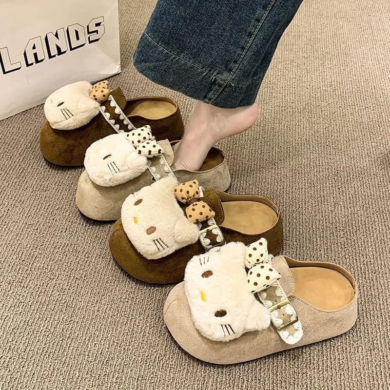 Nice cartoon Hello Kitty Embroidered Lace Slippers Autumn/Winter thick Soles Comfortable warm cotton slippers for outdoors trend for home
