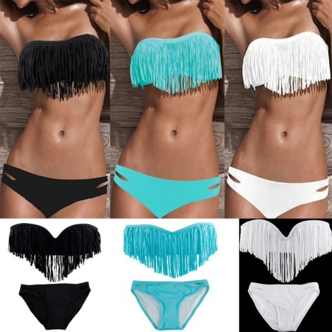 Women's Fringe Bikini Set - Two Piece Swimwear with Tassel Top and Cut-Out Bottom Sexy Push Up Swimsuit
