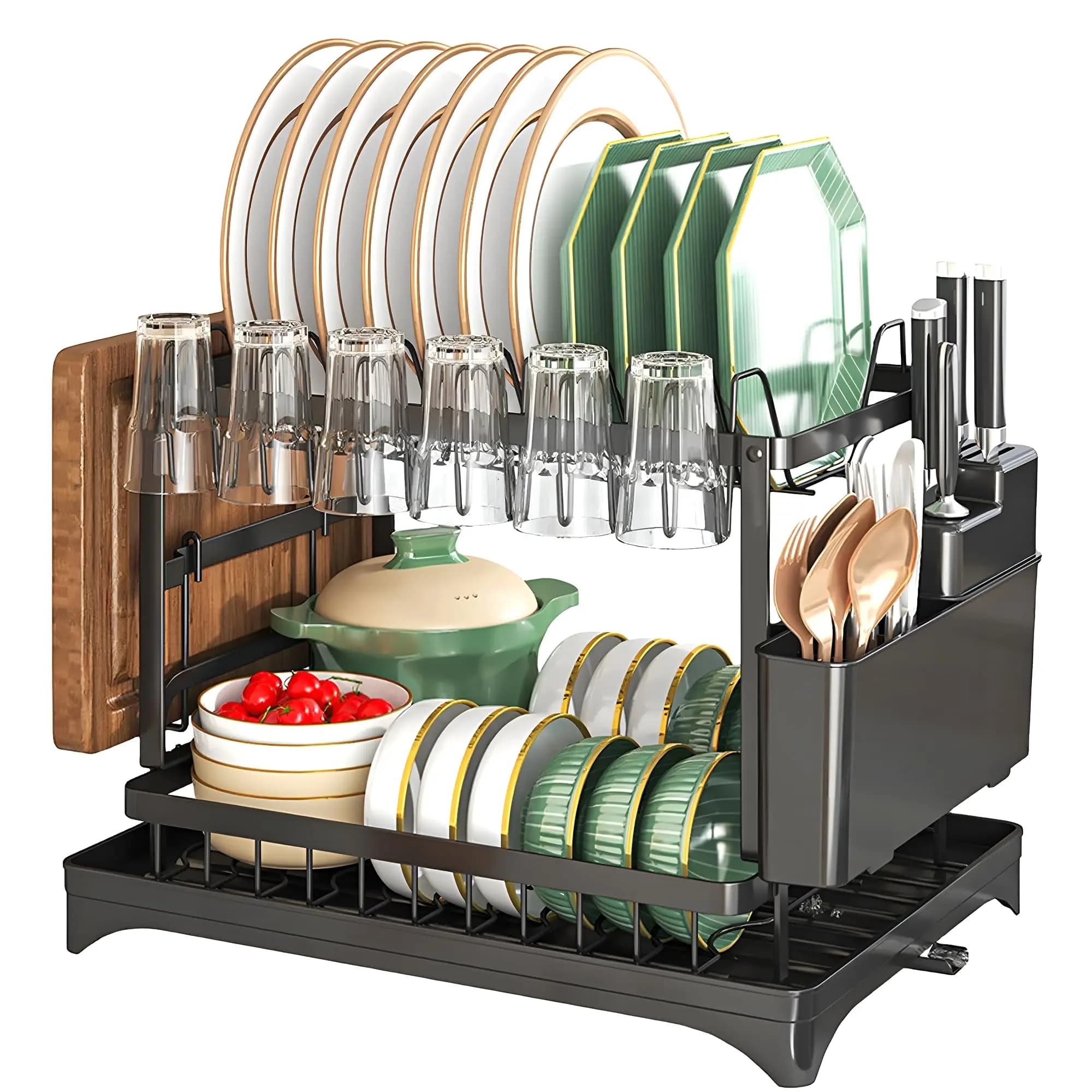 2 Tier Dish Drying Rack, Rustproof Stainless Steel Dish Rack with Drainboard, Utensil Holder, Cup Holder & Cutting Board Holder,