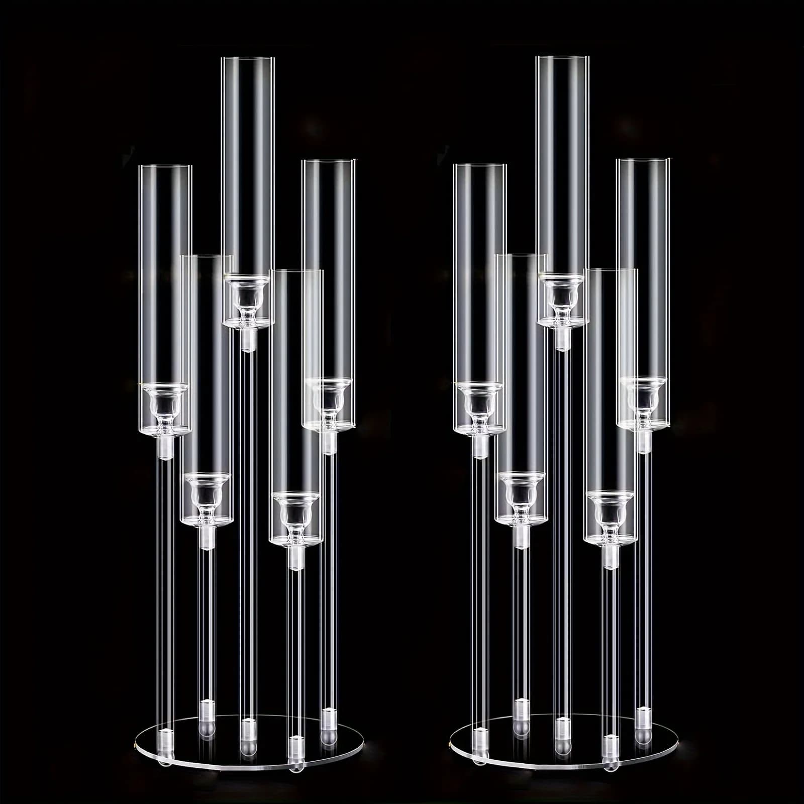 2pcs Elegant Clear Acrylic Candelabra Centerpieces - 5-Arm Design with Shades, Perfect for Weddings & Special Occasions - Durable, Lightweight, Fits 0.87" LED Candles (Candles Not Included), Best for Christmas, Perfect for Thanksgiving