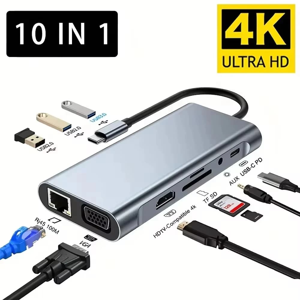 Hub USB C 4K 30Hz, Adattatore Type-C a HDTV Compatibile USB 3.0, Hub 10-in-1 Type-C, Docking Station PD 87W, Splitter USB C per MacBook