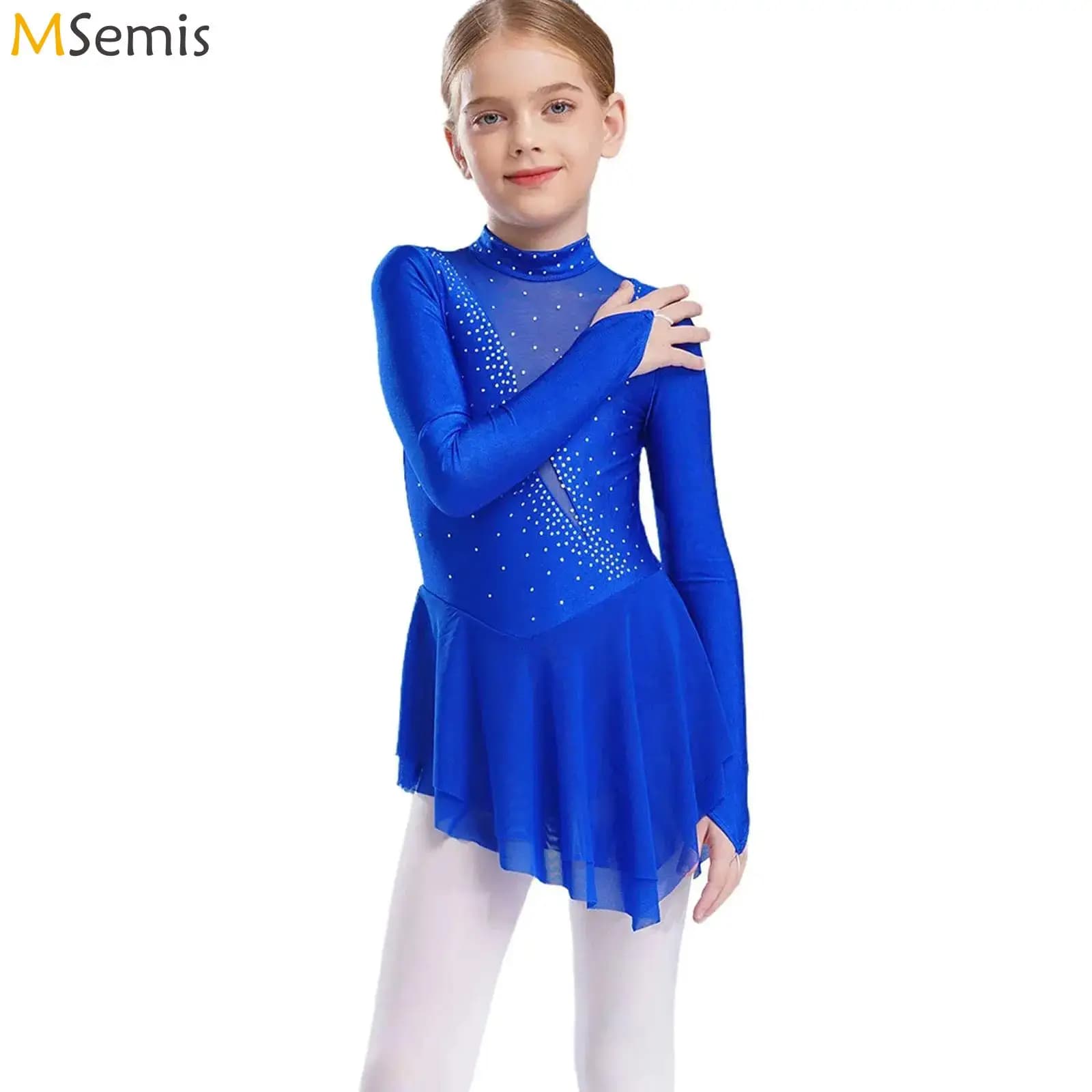 Abito da pattinaggio su ghiaccio con strass, per bambina, a maniche lunghe, in rete, per balletto, danza, body da ginnastica, costumi di danza