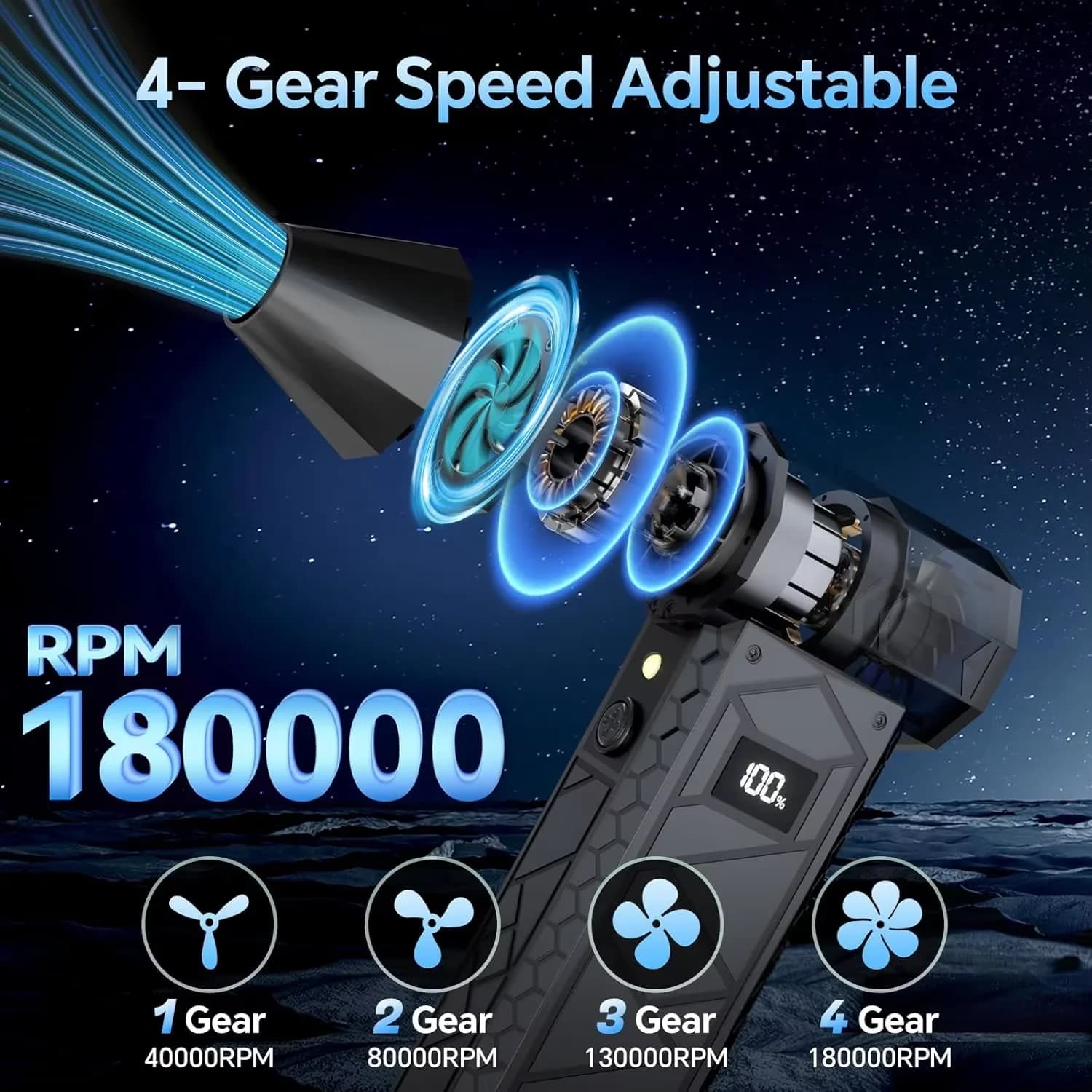 Ventilatore a getto wireless 180000 giri/min Motore brushless Turbo Jet Ventilatore Aspirapolvere per auto Illuminazione/Display digitale Ventilatore portatile esterno