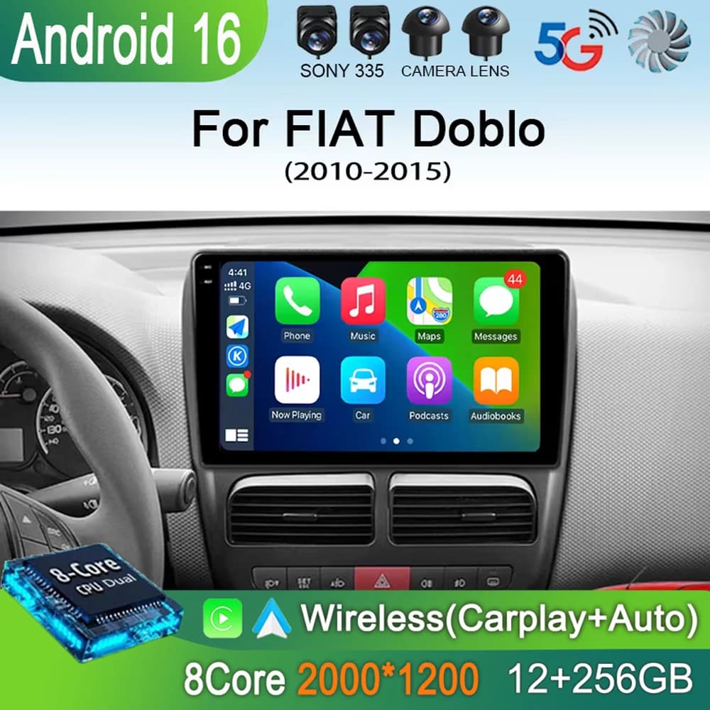 Autoradio Android 16 per FIAT Doblo 2010 2011 2012 - 2015 Navigazione GPS Lettore Multimediale Video Stereo Carplay+Auto WiFi+4G BT