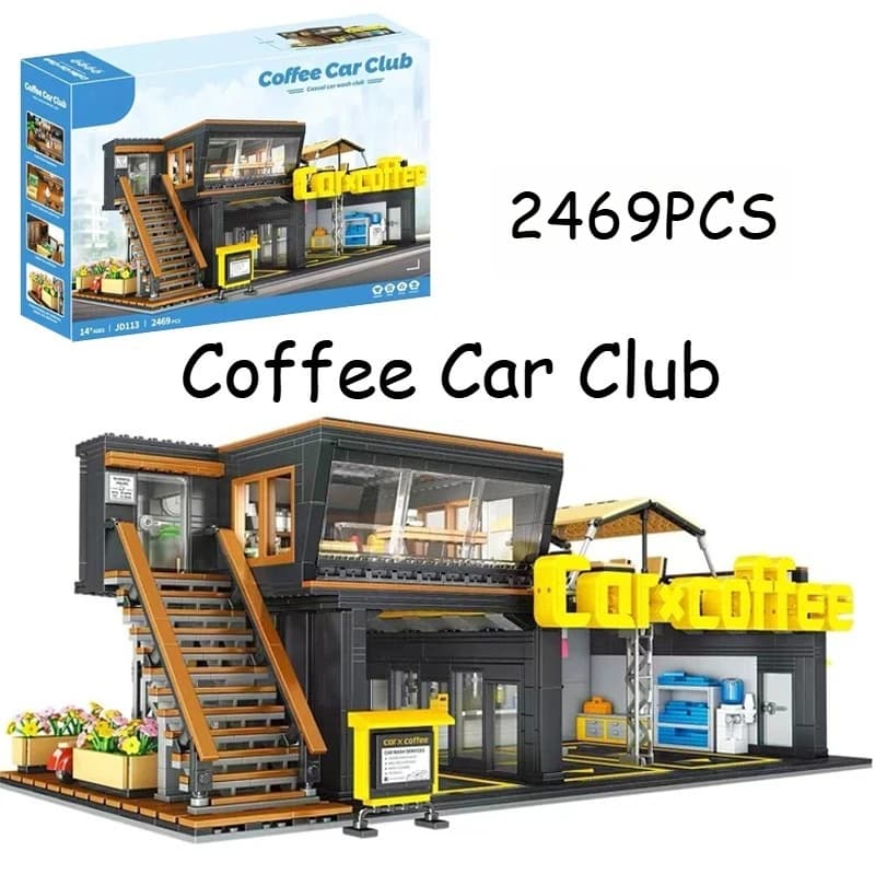 2469 Pezzi Classico Street View Coffee Car Club, MOC Creativo Modello di Caffetteria Urbana in Mattoncini, Giocattoli Fai da Te da Costruire, Regali