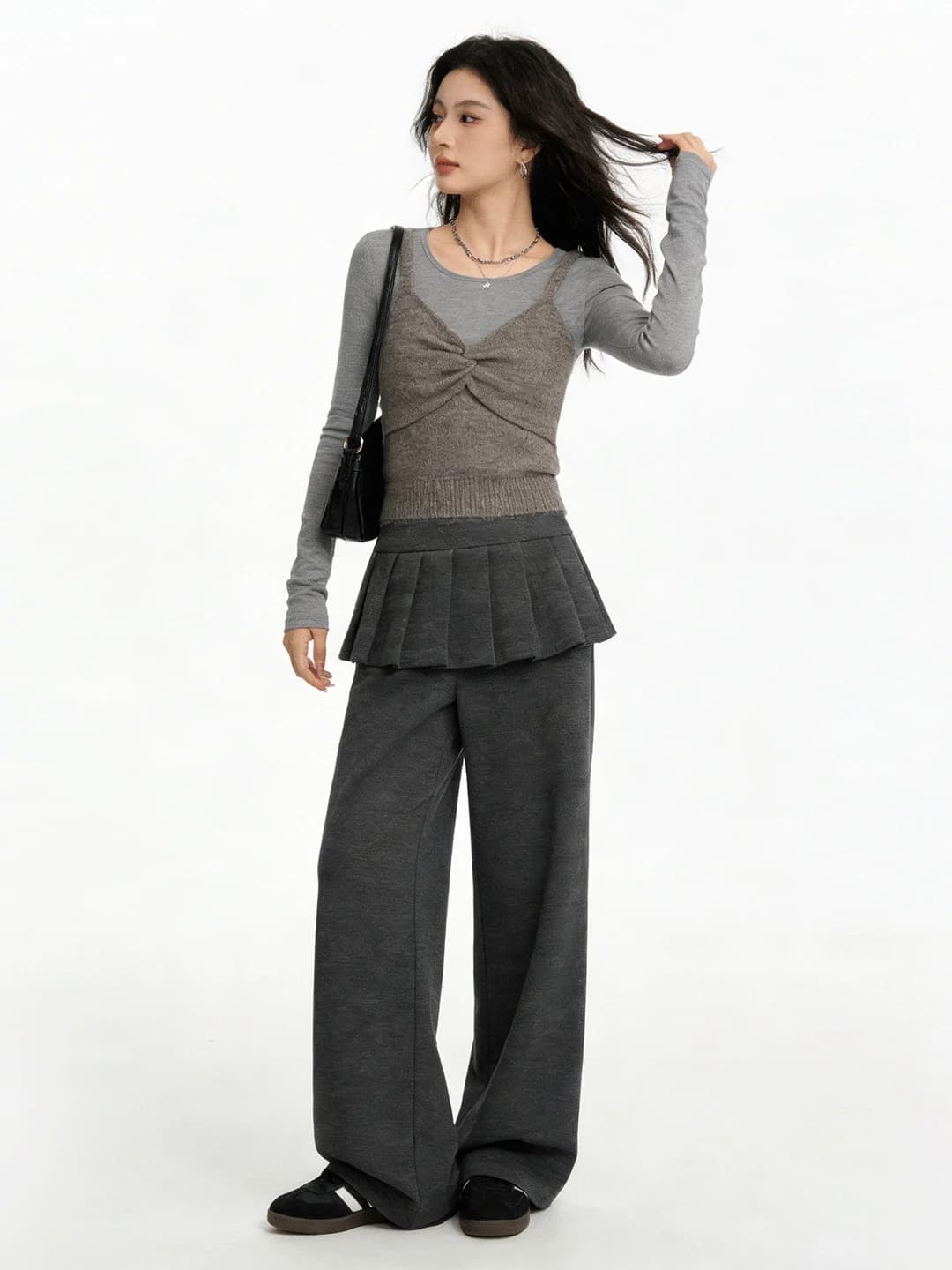 High Waist Casual Pants in Gamba Larga, Korean Style, with Effet Gonna Two Pieces, Pneumatic Lungs, Springs, Models