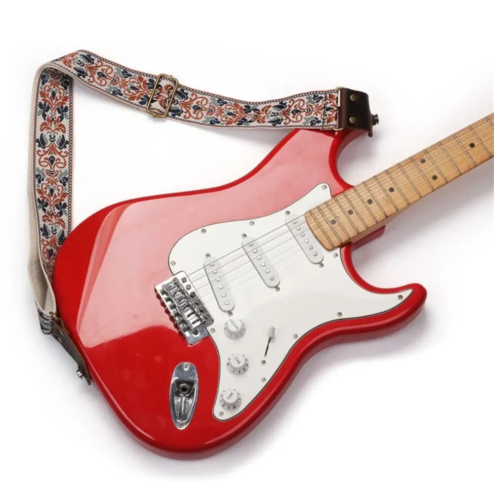 Tracolla per Chitarra Vintage con Fiori Ricamati, in Pelle, Regolabile, Ultra Spessa, con Chiusura a Chiodo