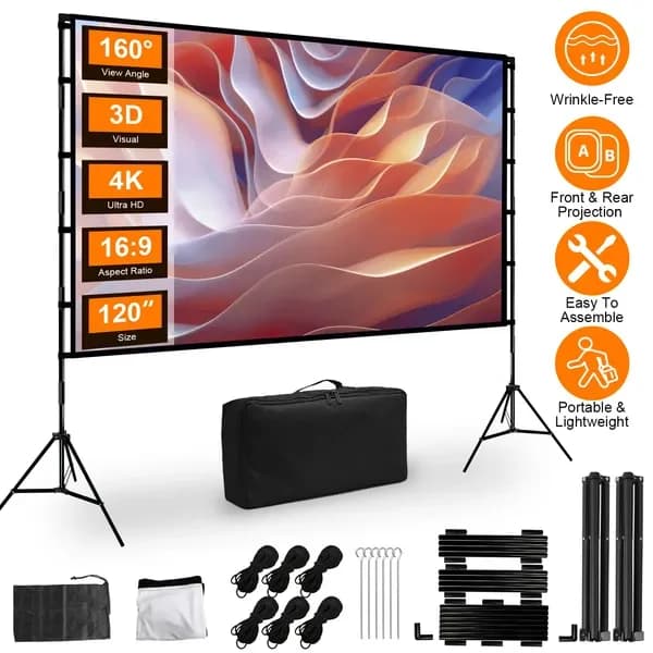 Schermo per Proiettore Portatile 100-120' con Supporto, Pieghevole e Anti-Pieghe, Schermo HD 4K per Film all'Aperto