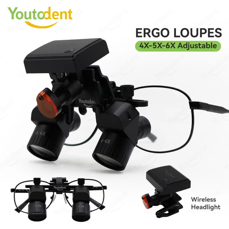 Lente d'ingrandimento dentale montata sulla testa con lente d'ingrandimento regolabile 4-6X 48 ° Lente d'ingrandimento binoculare con zoom angolare Faro per chirurgia con faretto LED da 5 W