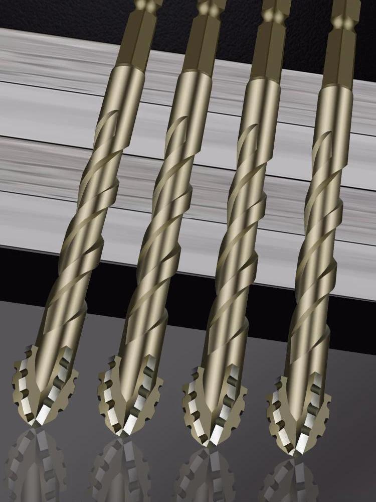 Eccentric tip with four cutting edges for dry drilling of ceramic tiles, glass, marble, cement, stainless steel drill bits