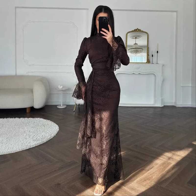 Women's Bodycon Lace Jacquard Dress Ruffles Long Sleeves Side Patchwork Vestidos Autumn Winter NEW Elegant Evening Party Robe