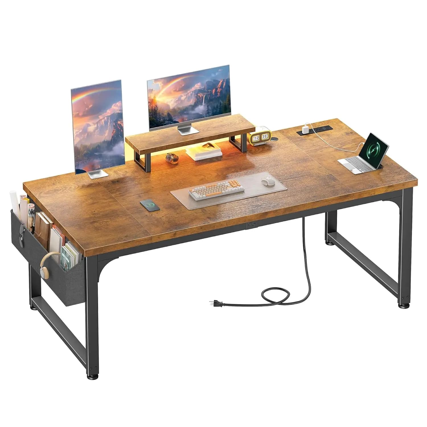 Scrivania per Computer da 63 Pollici con Prese di Corrente, Supporto Monitor, Borsa Portaoggetti, Piano Superiore da 0,95 Pollici Senza Ostruzioni, per Ufficio, Studio, Casa, Camera da Letto, Marrone, Personalizzabile