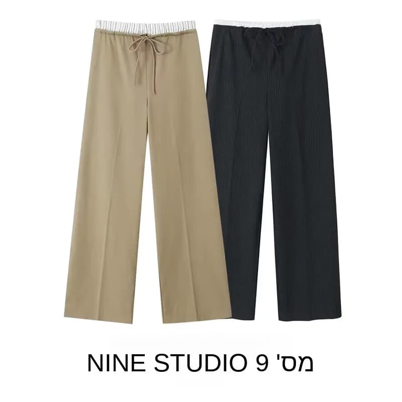 Casual Stripe Straight Leg Pants Loose Slimming Long Trousers Belted Splicing Women's Fashion Autumn Winter Polyester Ladies