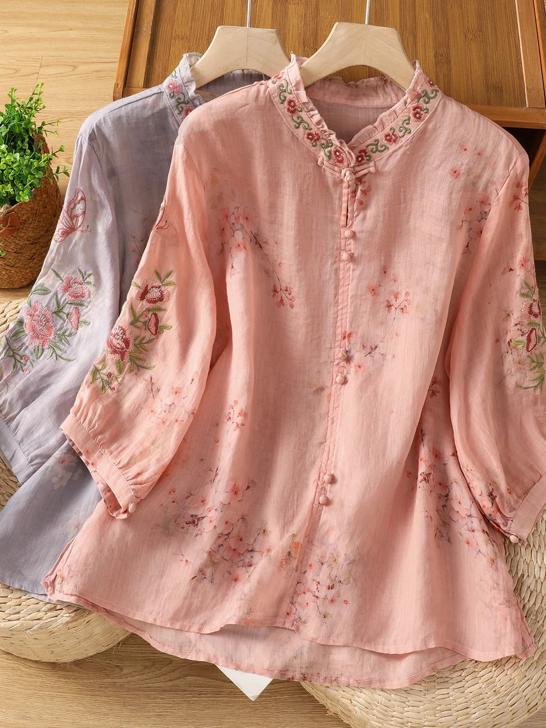 Nuova Camicia Estiva da Donna in Seta Ricamata Stile Cinese, Taglie Forti, Blusa Senza Maniche a Tre Quarti con Motivo Floreale, Abbigliamento Casual