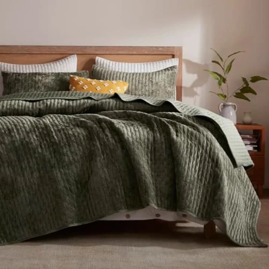 Set Copripiumino in Velluto Verde Oliva Leggero Misura Full/Queen 90''x98'' con 2 Federe Coordinate e Morbido Ricamo a Punto Croce