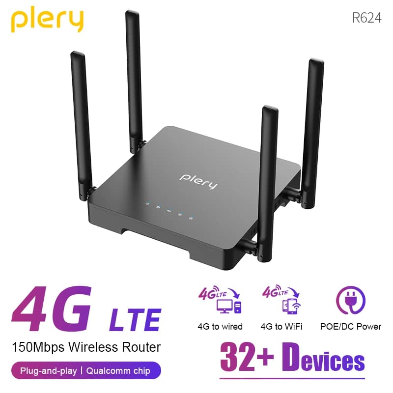 Router WiFi 4G LTE Plery con Quattro Antenne, Ripetitore di Segnale con Slot SIM, WiFi Mobile per Casa, Ufficio, Esterni e Viaggi