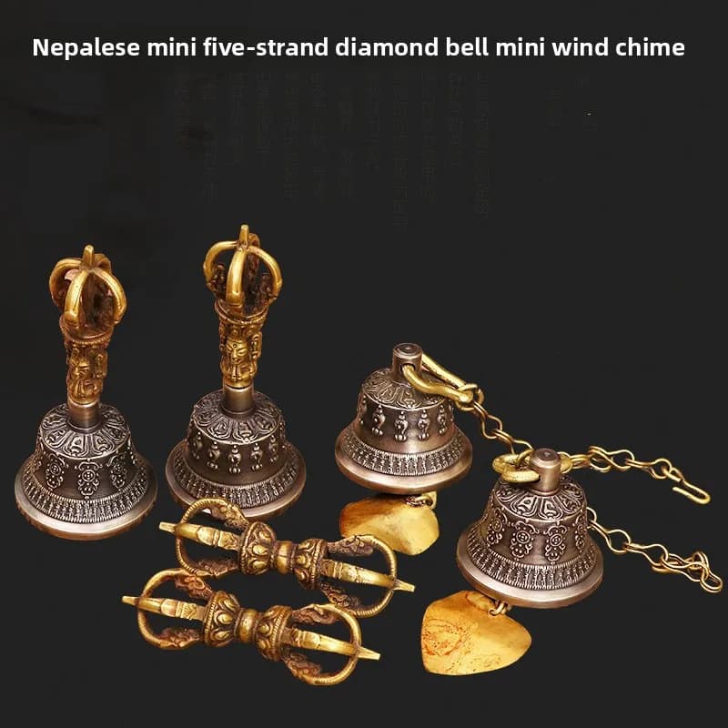 Tibetan Handmade Bronze Mini Five-Pronged Vajra Wind Chime Conch Bell Buddhist Decor