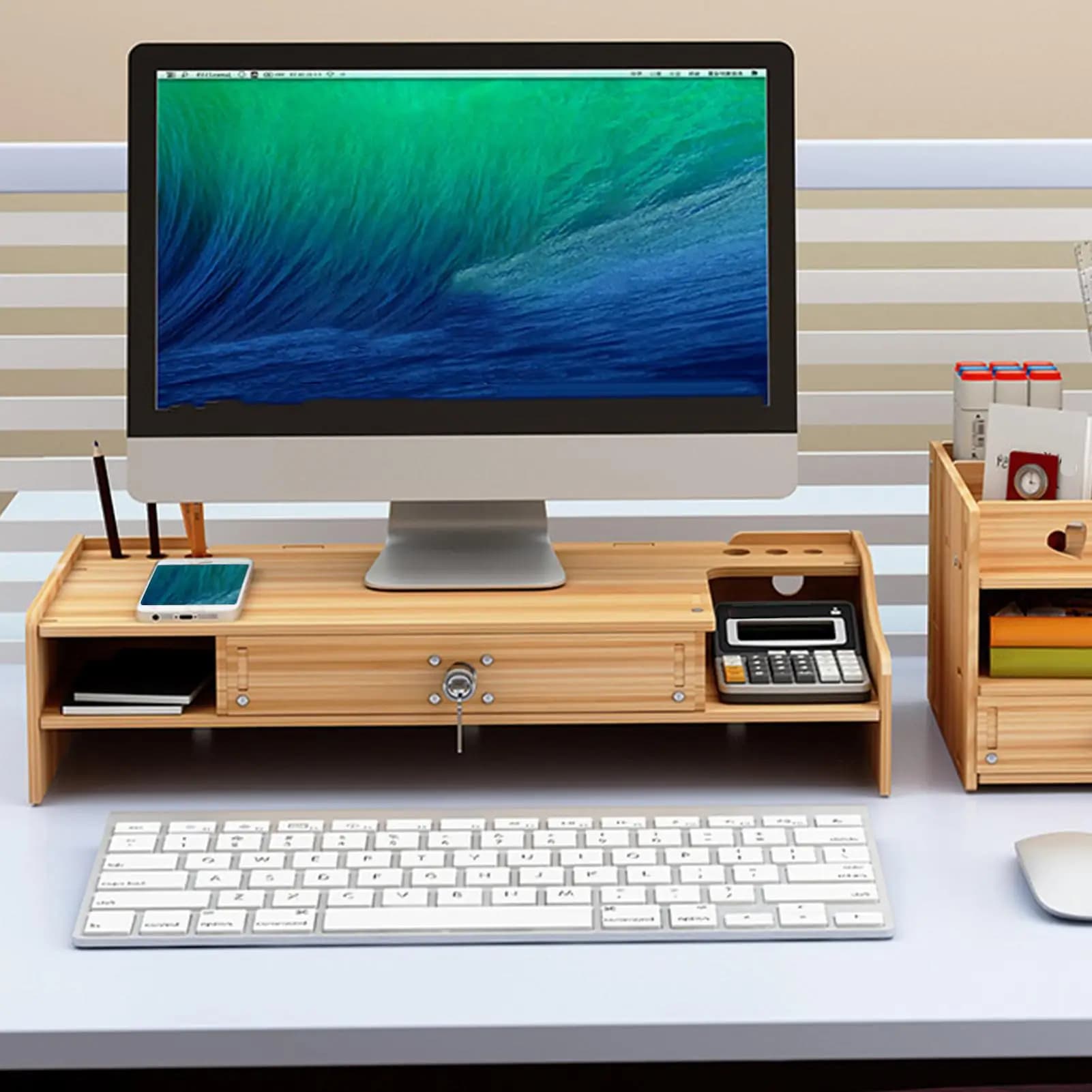 Desk Monitor Support Wooden Table Organizer Rack with Drawer Desk Organizer for Laptop Printer TV Screen Pen for PC Home