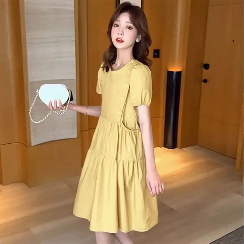 2025 Loose Elegant Korean Casual Tunics Prom Women's Dresses Yellow Linen Vintage Aesthetic Summer Light Dress Fashion Midi Robe