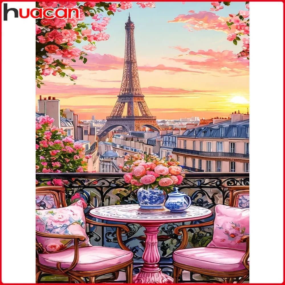 Huacan pittura diamante fai da te tramonto edificio diamante mosaico paesaggio fiore kit completo dipinti decorativi