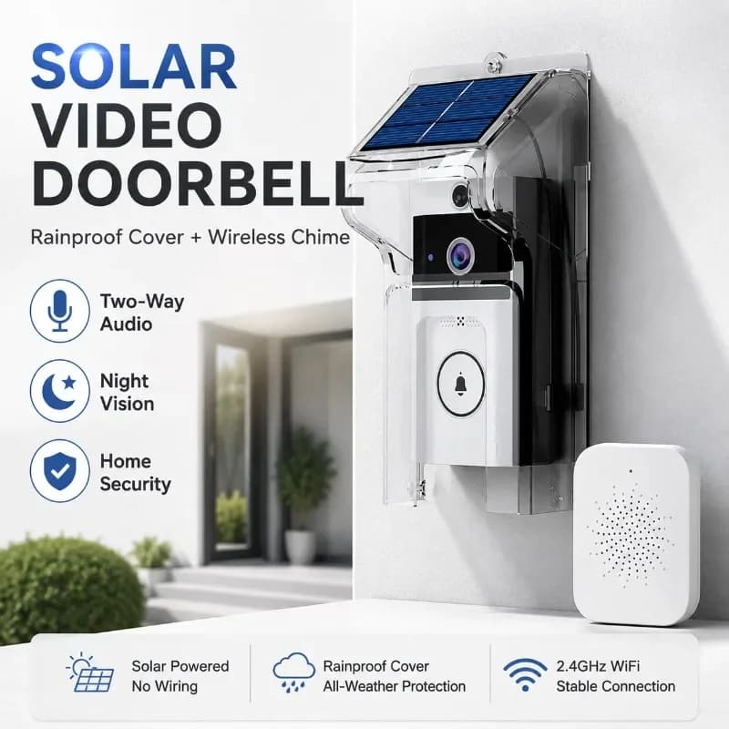 Solar Powered Video Doorbell With Rainproof Cover Wireless Two‑Way Audio Home Security Camera Night Vision