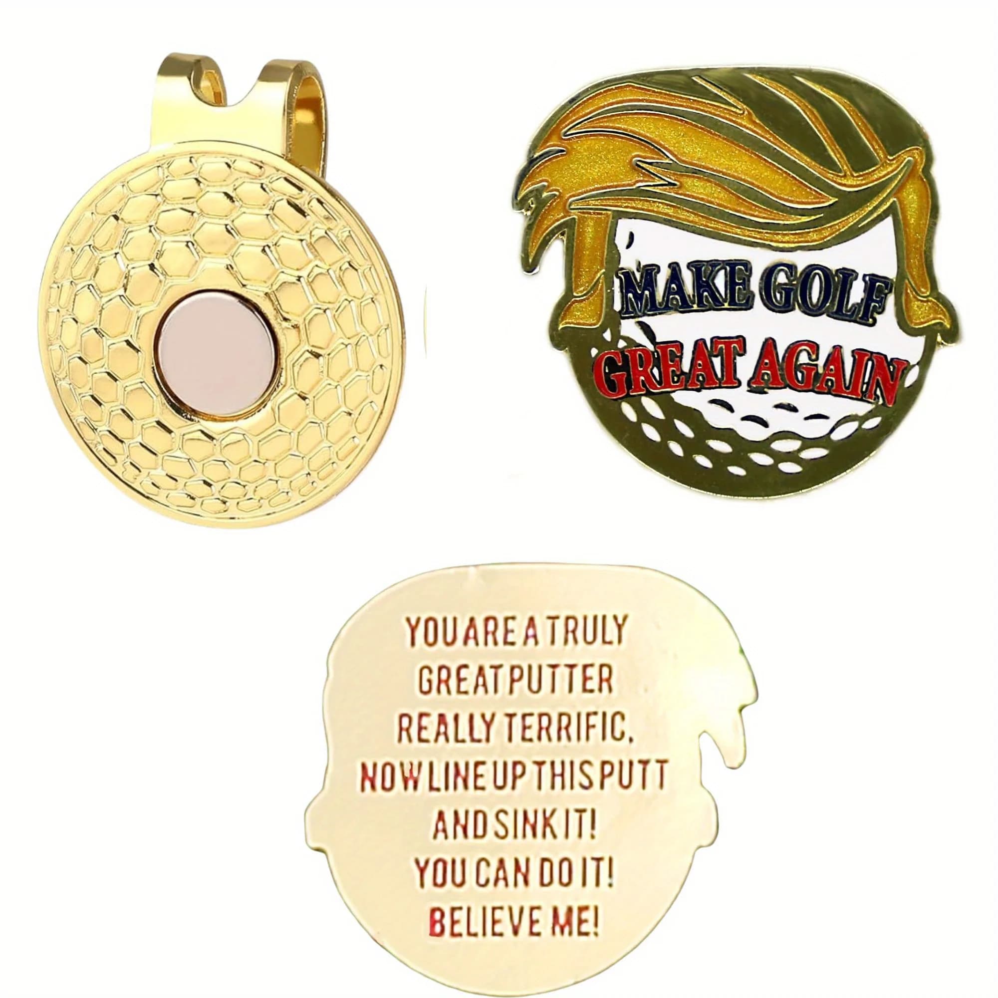 Rendi il golf ancora grande Indicatore per palline da golf a forma di con clip magnetica per cappello - Divertente accessorio da golf placcato in oro per i golfisti Avid