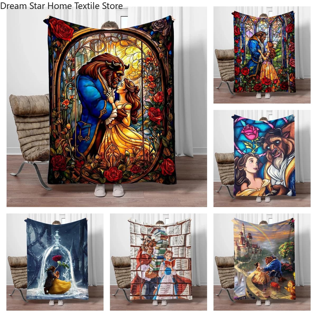 Coperta in Morbido Flanella Ispirata a La Bella e la Bestia, Calda e Confortevole per Picnic, Letto, Divano, Casa, Camera da Letto, Regalo