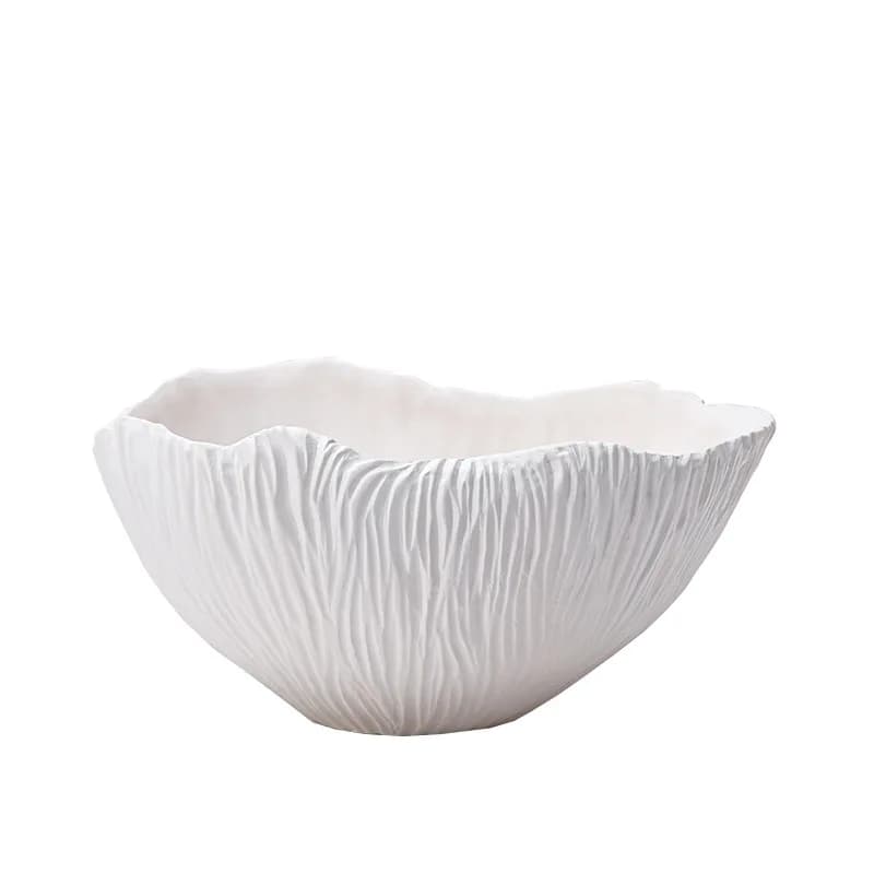 Nuovo moderno ornamento di piatto di frutta in ceramica con trama bianca, uso domestico nel soggiorno, piatto di snack di frutta secca di forma creativa