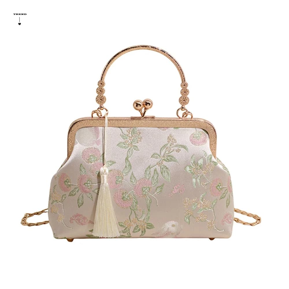 Metal Chain New Chinese Style Handbag Large Capacity Flower Kiss Lock Embroidery Shoulder Bag Single Shoulder Handheld