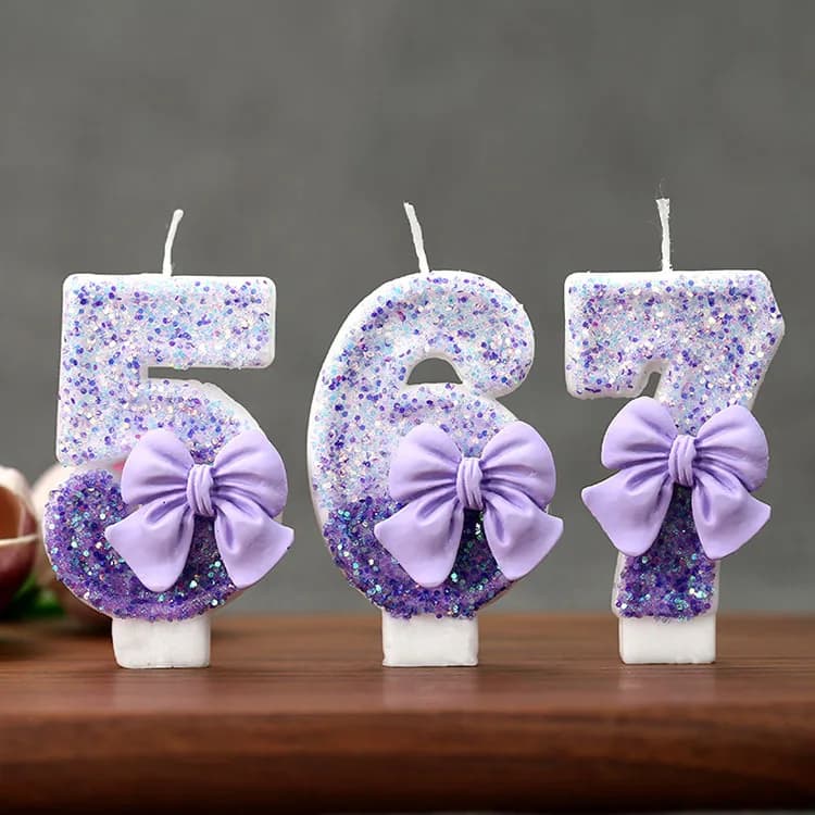 Candela di compleanno creativa con glitter sfumati viola e fiocco, numeri da 0 a 9 - Decorazione per torta fatta a mano con paillettes per feste