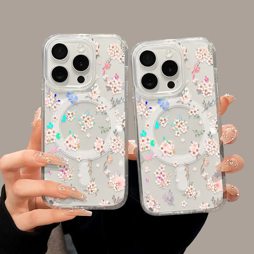 Custodia Magnetica per iPhone Apple 17 16 15 14 13 12 Pro Max, Custodie Olografiche Rosa con Fiori di Ciliegio