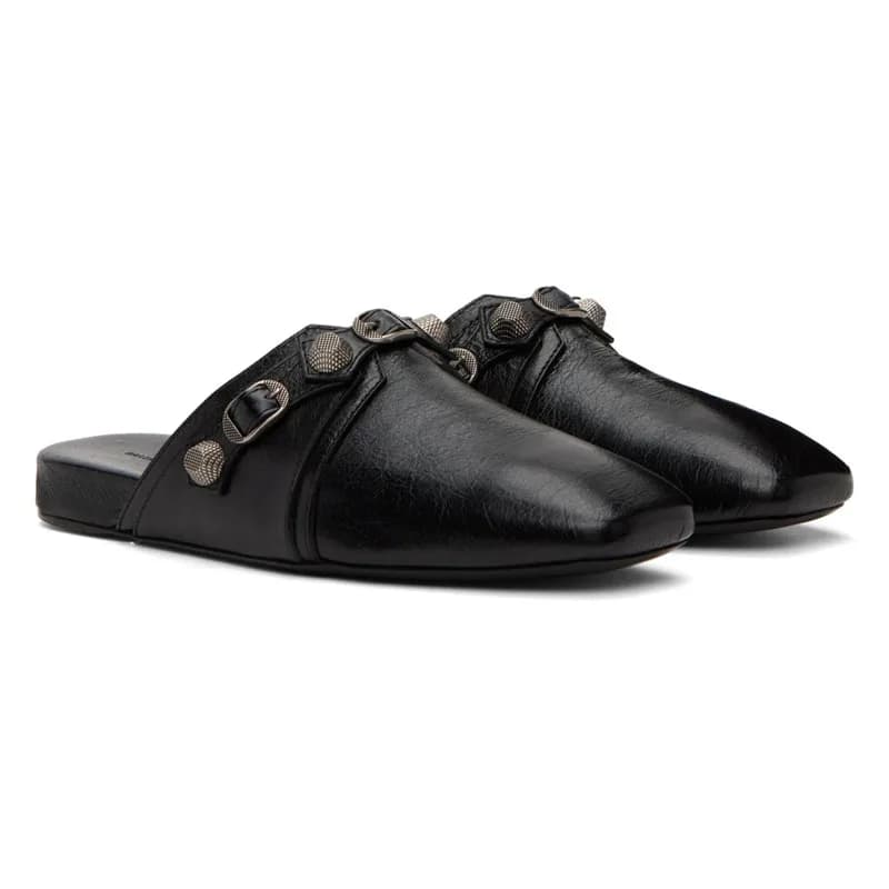 Half slippers with square tip in soft black leather button in metal men's shoes flat men's shoes Casual summer Men's comfortable slip-on moccasins