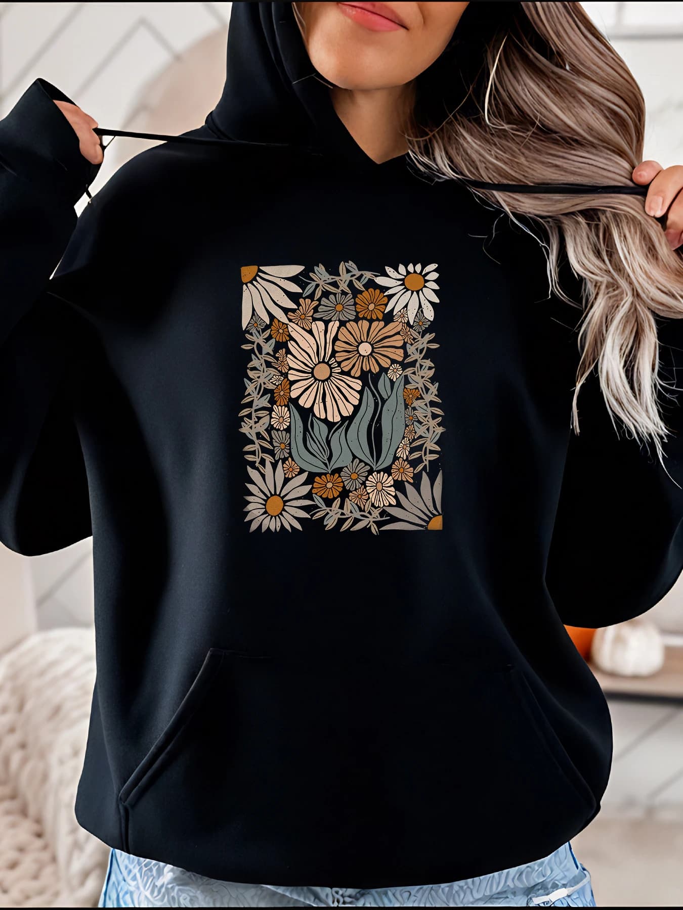 Women's Floral Printed Hoodie Casual Autumn Winter Fashion Streetwear for Women