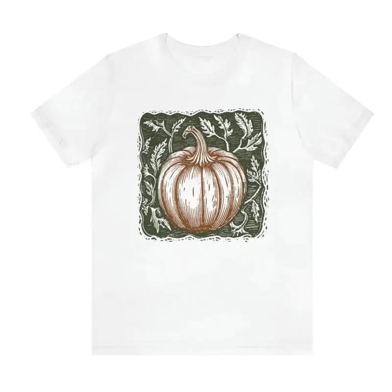 Maglietta con carta dei tarocchi di zucca Linocut come tee con stampa a blocchi stile autunno