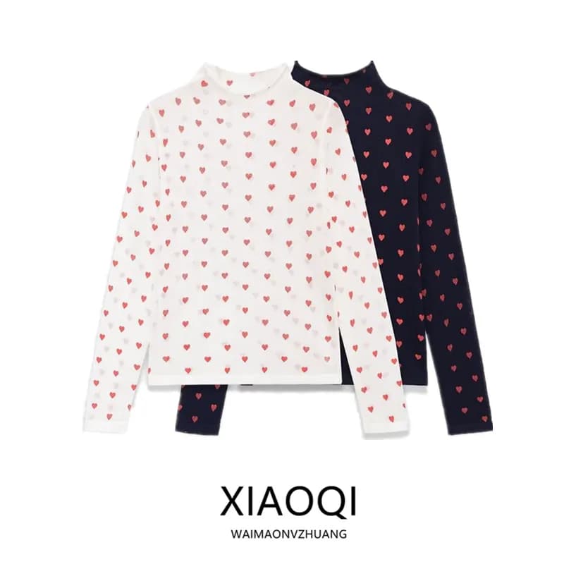 Spring Summer 2026 Women's Long Sleeve Stand Collar Micro Transparent Fine Needle Heart Shaped Top Slim Fit European Style Ts...