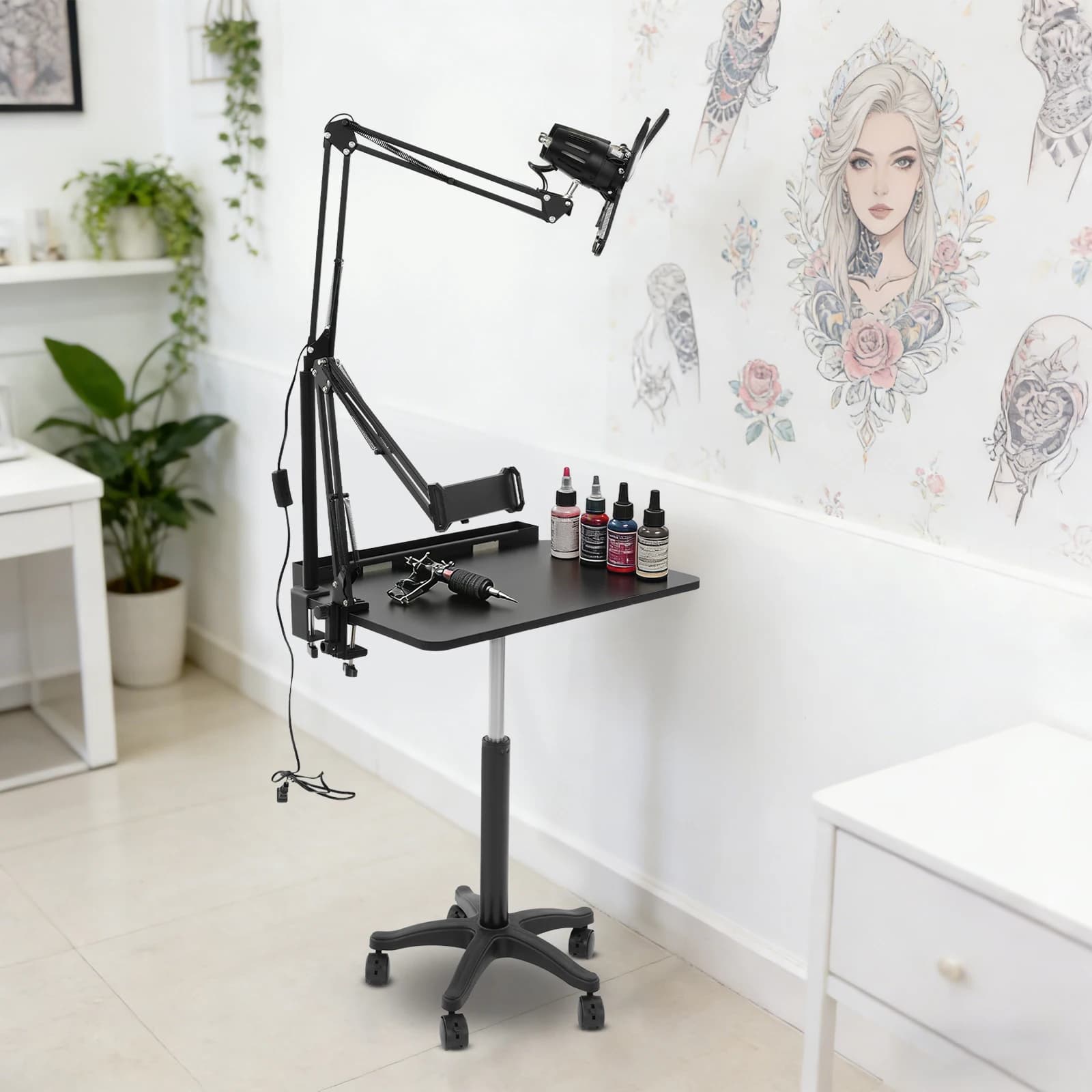 Adjustable Height Rolling Salon Workstation with 60W LED Light Floor Standing Mobile Work Bench Multifunctional Beauty Tattoo Work Table With Phone Tablet Holder Black
