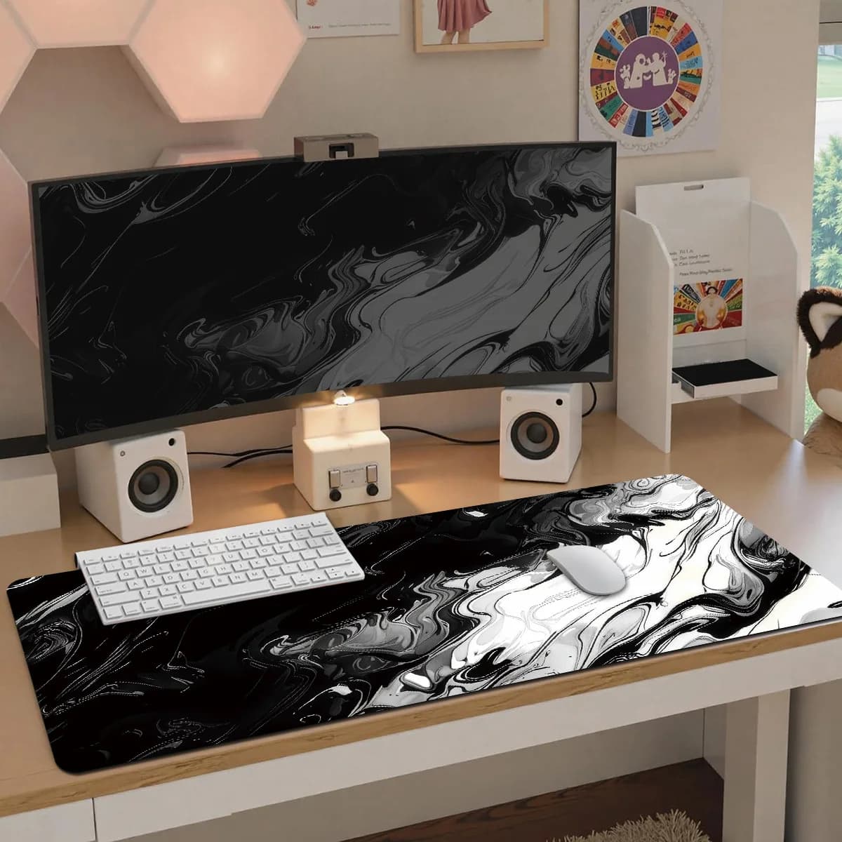 Tappetino per Mouse da Gaming XL Astratto Bianco e Nero con Flusso di Colori, Antiscivolo in Gomma, Tappetino da Scrivania per Tastiera, Accessori per Computer e Ufficio, 1 Pezzo
