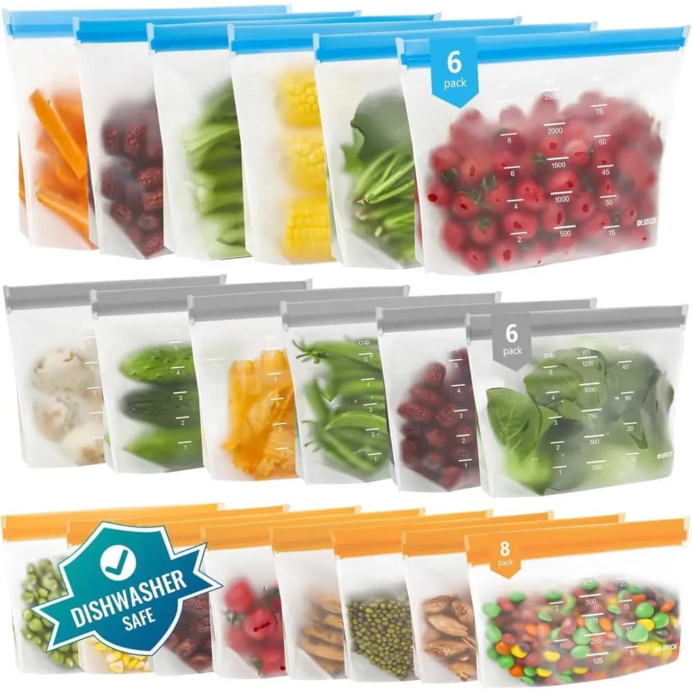 Sacchetti Riutilizzabili per Sandwich e Snack - Contenitori in Silicone per Preparazione Pasti, Viaggi, Lavabili in Lavastoviglie (6 Galloni, 6 Sandwich, 8 Snack)