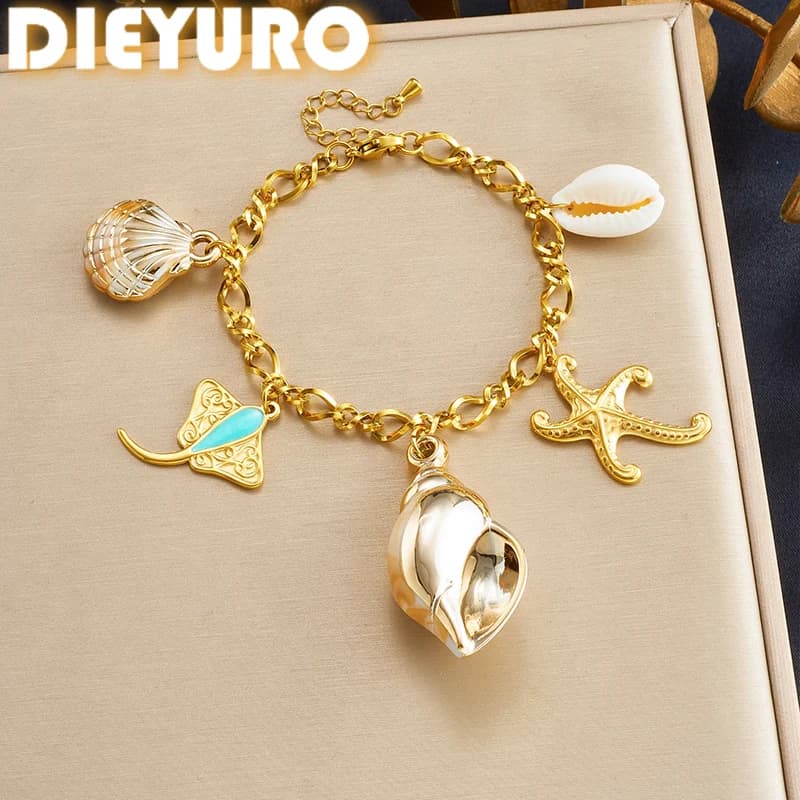 DIEYURO Bracciale con ciondolo a conchiglia dorata, pesce diavolo e stella marina in acciaio inossidabile 316L da donna - Gioiello classico a catena da mano
