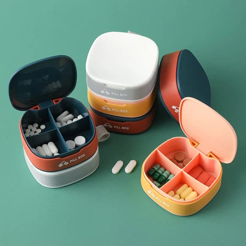Mini piccola portapillole portatile da viaggio, custodie per vitamine, contenitore, organizer, tablet, 4 griglie, medicinali, oli di pesce