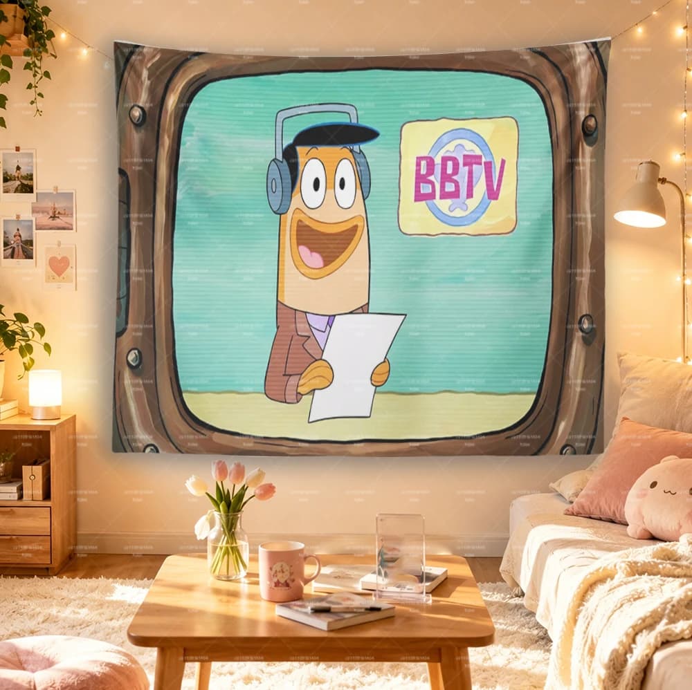 SpongeBob BBTV News Anchor Retro TV Tapestry, Bikini Bottom News Fish Cartoon Wall Hanging Bedroom Dorm Game Room Decor