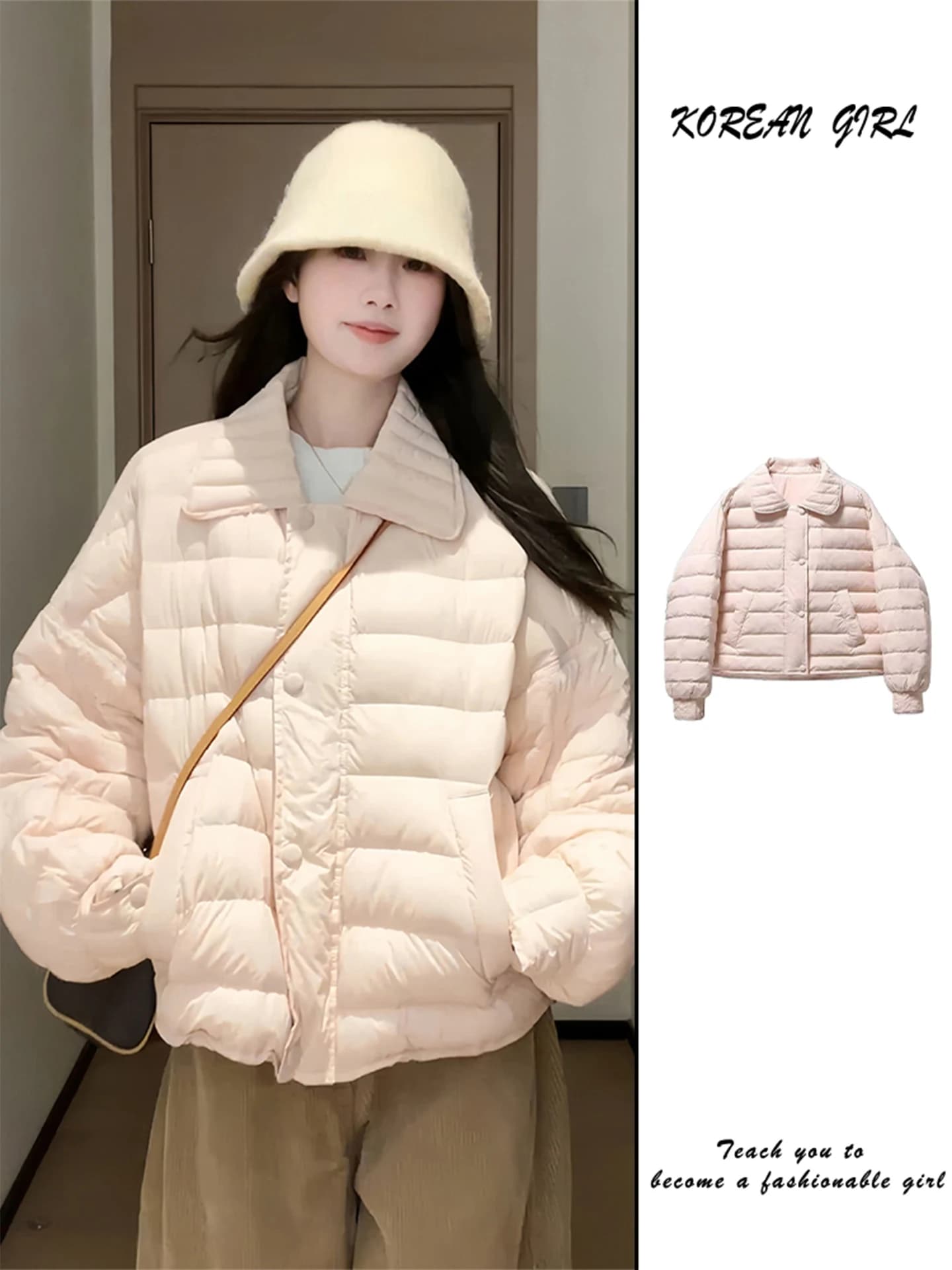 Sweet Soft Pink Collar down Cotton Jacket Short Women's Winter Thick Warm Loose Cotton Coat Korean Style Long Sleeve Zipper