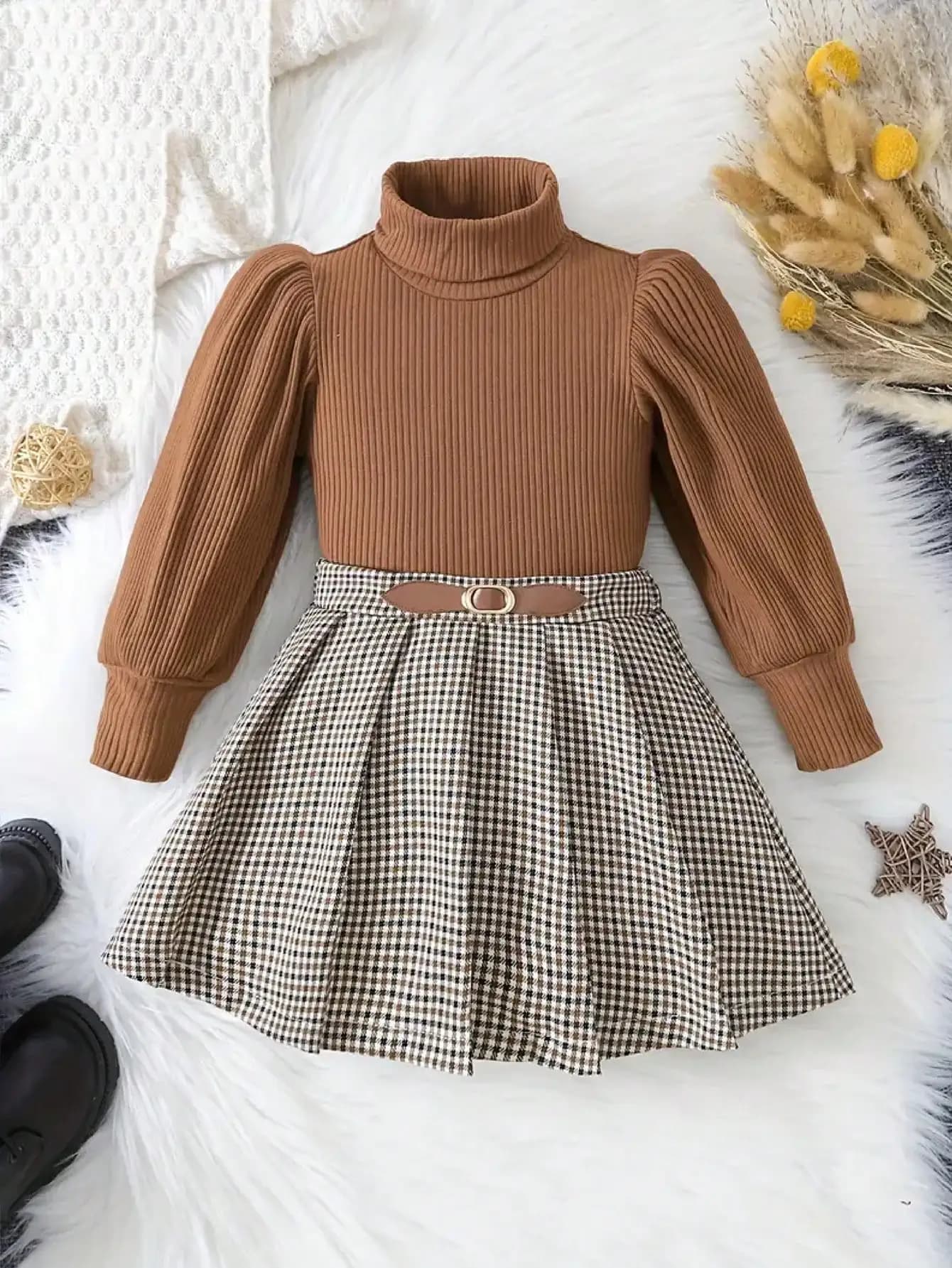 Completo 2 Pezzi Donna/Ragazza 2026: Felpa con Cappuccio a Maniche Lunghe in Maglia a Lanterna e Gonna a Mezza Lunghezza con Fantasia Piede di Gallina