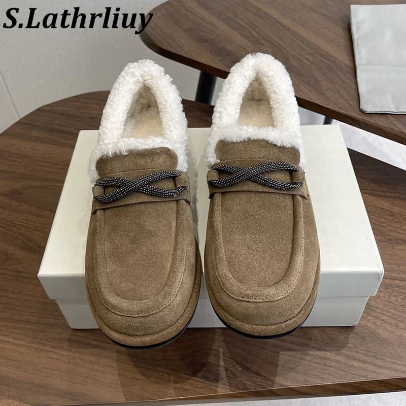 Women Beaded Suede Casual Flat Shoes Round Toe Warm Loafers Autumn Winter Office Commuting Shoes Driving Shoes Zapatos De Mujer