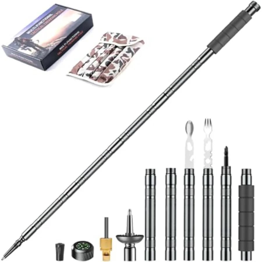 Trekking Pole Tactical Walking Stick, Multifunctional Lightweight Aircraft Aluminum Collapsible Survival Hiking Pole with Stora