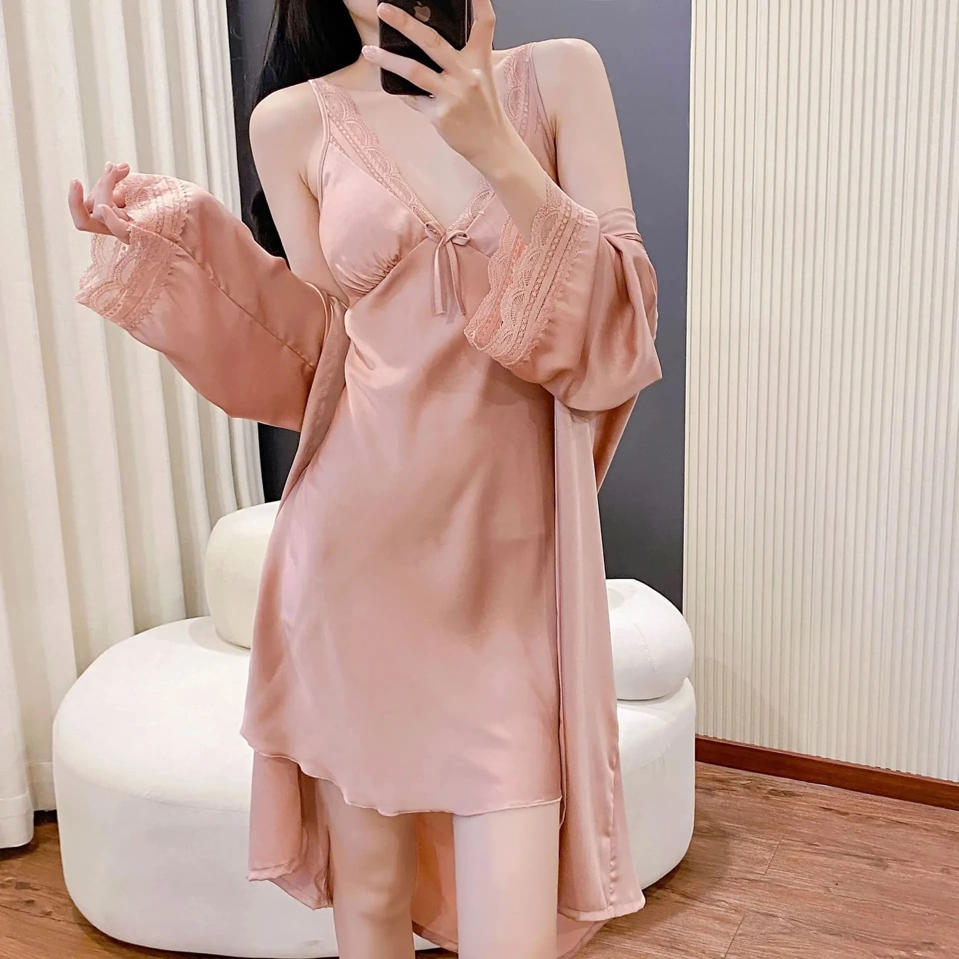Completo da Notte Due Pezzi da Donna: Vestaglia Sexy in Pizzo, Camicia da Notte, Lingerie Estiva, Kimono, Abito da Casa, Set Pigiama