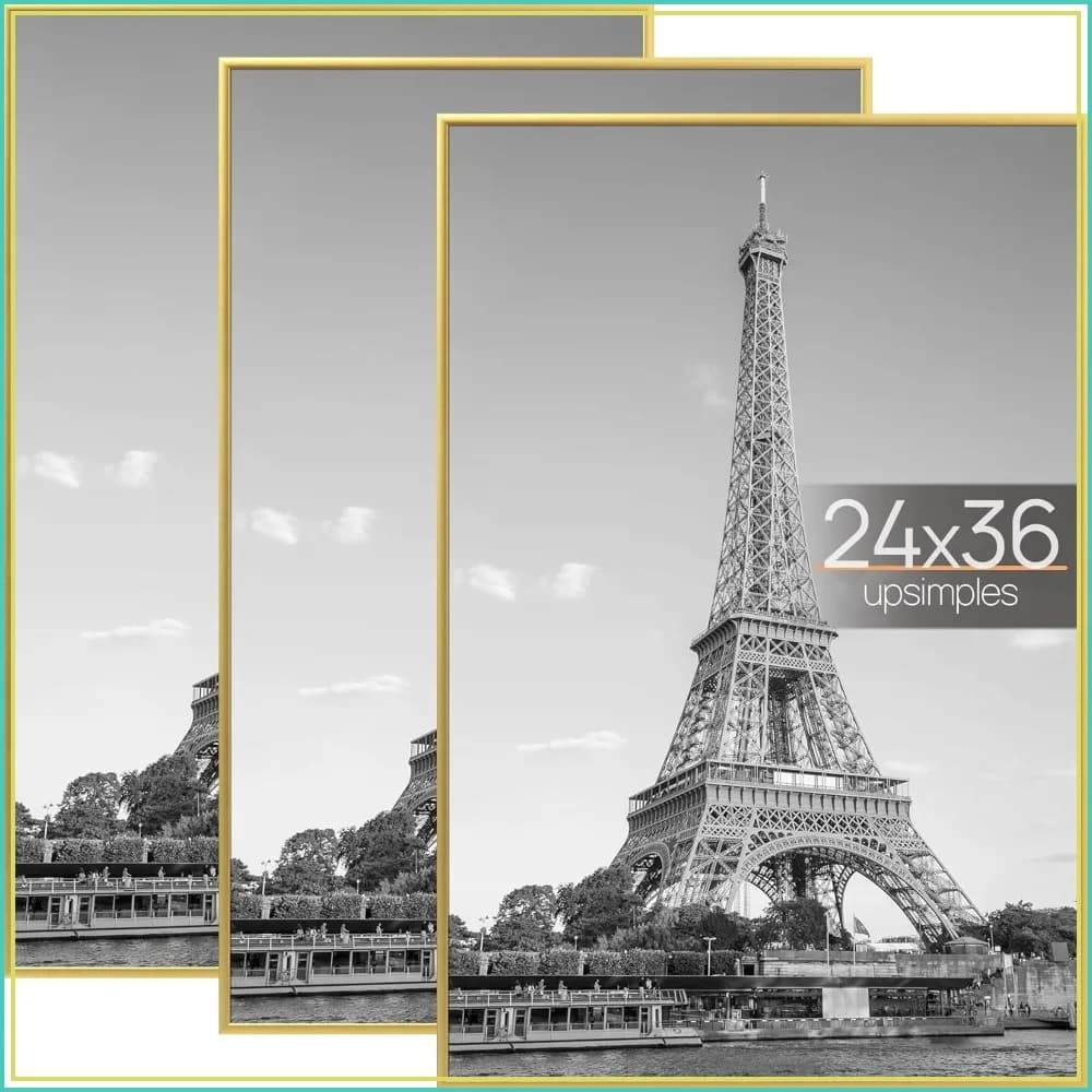 24x36 Poster Frame Gold 3 Pack, Scratch-Proof Picture Frames for Photo Gallery - Slide-In Strips, Horizontal or Vertical Wall Mounting